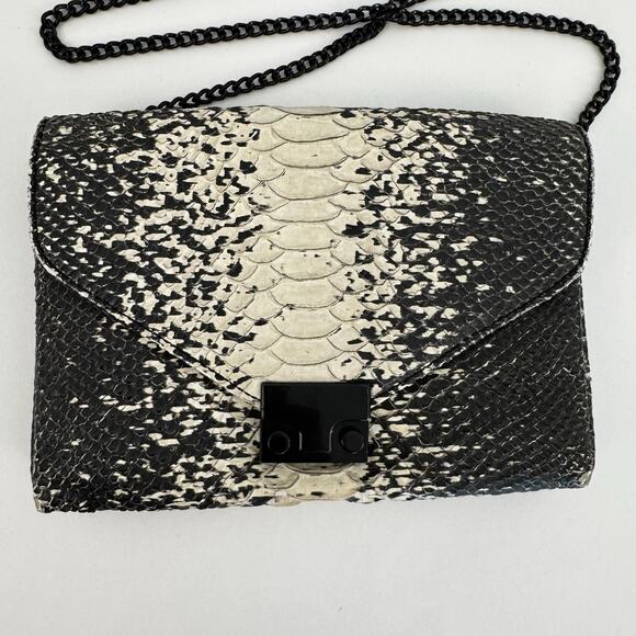 Loeffler Randall Snake Python Embossed Crossbody Chain Bag Black Cream w Mirror - Picture 2 of 11